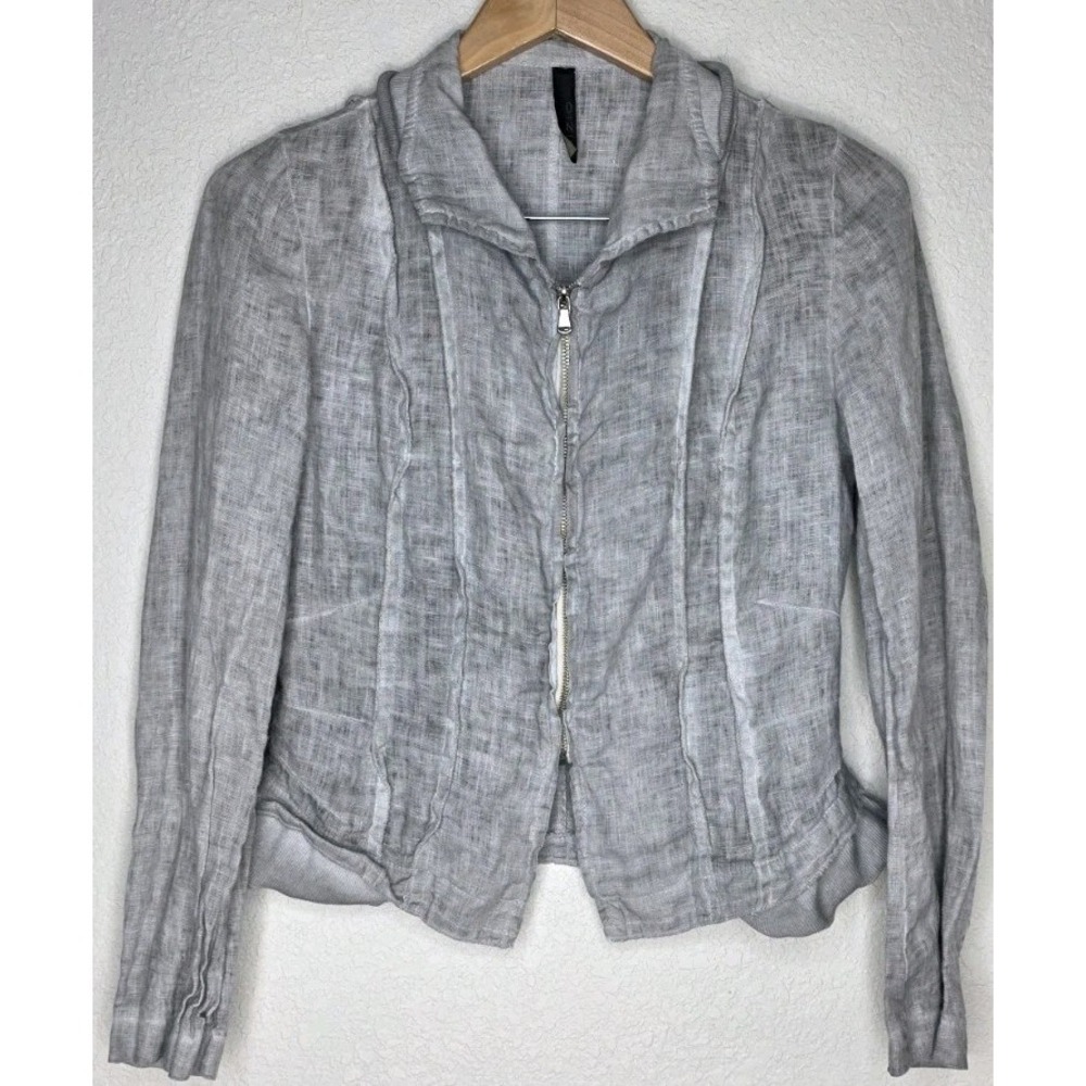 Inizio Italy Linen Full Zip Jacket L Tailored Pintuck Gray Moto Coastal Cottage
